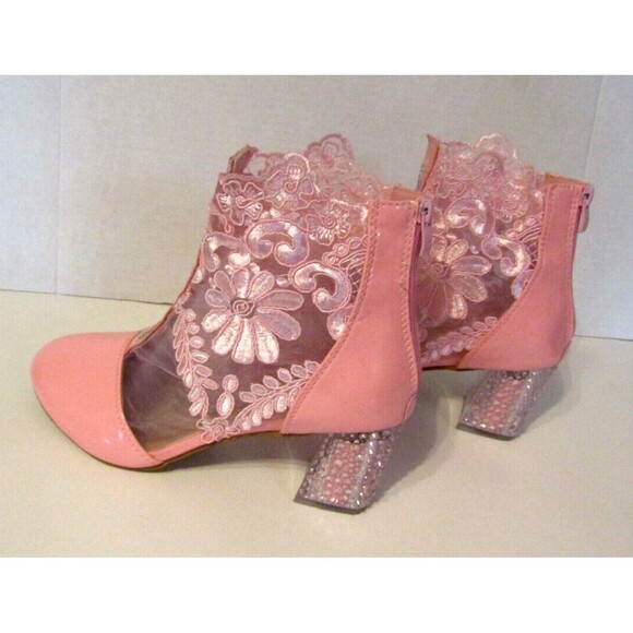 Dodo Heels Patent Leather Pink Lace Ankle Shoes Flower Mesh Chunky Heels Size 9 - Picture 6 of 10